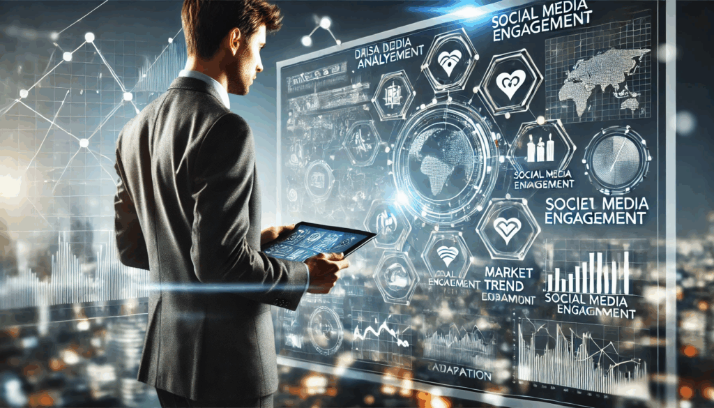 Ein Geschäftsmann im Anzug steht vor einer großen, digitalen Benutzeroberfläche mit holografischen Diagrammen und Icons. Er hält ein Tablet und analysiert Daten zu Social Media Engagement, Markttrends und digitaler Sichtbarkeit. Die futuristische Darstellung symbolisiert die strategische Entwicklung einer digitalen Identität und zeigt, wie Personal Positioning durch datengetriebene Technologien sichtbar und steuerbar wird. Im Zentrum steht ein Weltkartensymbol, das auf globale Vernetzung und Reichweite hinweist.