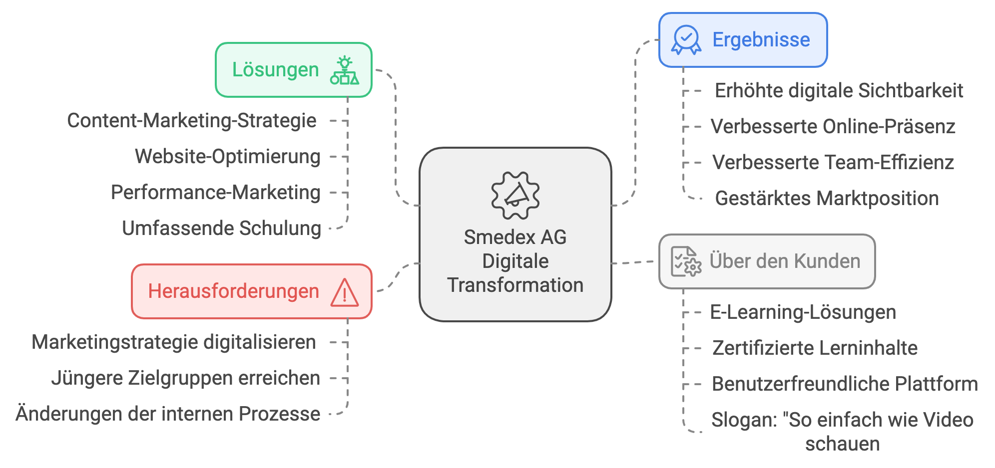 Visualisierung der strategischen Marketingmaßnahmen für Smedex AG – von Herausforderungen über Lösungen bis zu den konkreten Ergebnissen wie Sichtbarkeit und Marktposition.