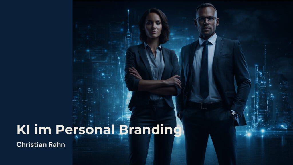 Futuristische Darstellung von zwei Führungskräften – eine Frau und ein Mann im Business-Anzug – vor einer digitalen Skyline. Symbolbild für KI im Personal Branding, Führung im Zeitalter künstlicher Intelligenz und strategische Positionierung von Executives