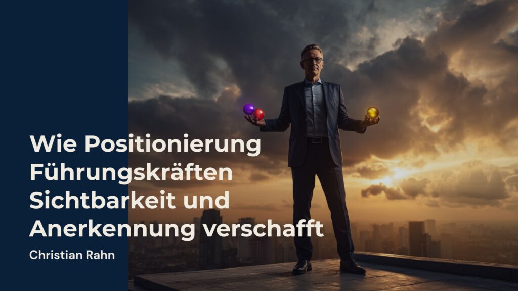 Führungskraft in Business-Anzug mit leuchtenden Kugeln in den Händen vor dramatischem Himmel – Symbol für Positionierung, Sichtbarkeit und Anerkennung